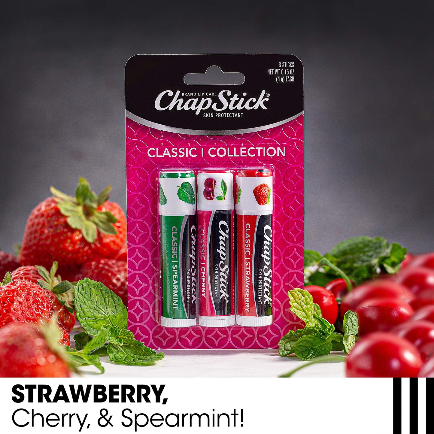 ChapStick Lip Care Set, Classic Collection 3-Pack - Spearmint, Cherry, and Strawberry Lip Balm, 0.15 Oz Ea