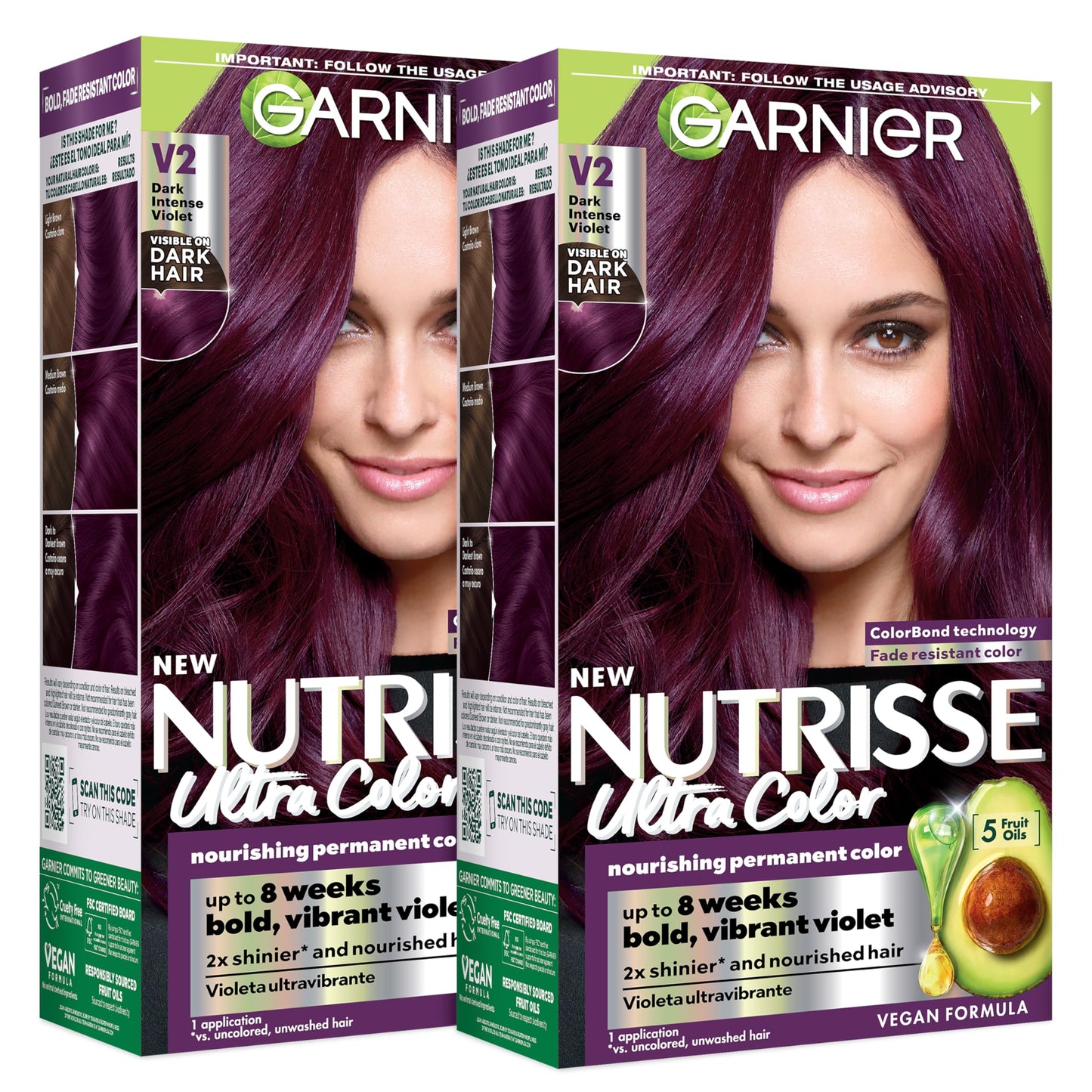 Garnier Nutrisse Ultra Color Hair Color, Permanent Hair Dye for Up to 8 Weeks of Bold, Vibrant, Fade-Resistant Results, Vegan & Cruelty-Free, V2 Dark