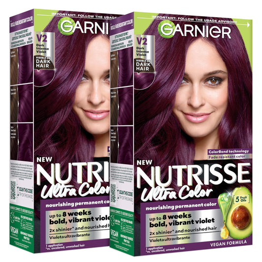 Garnier Nutrisse Ultra Color Hair Color, Permanent Hair Dye for Up to 8 Weeks of Bold, Vibrant, Fade-Resistant Results, Vegan & Cruelty-Free, V2 Dark Beauty & Personal Care Garnier