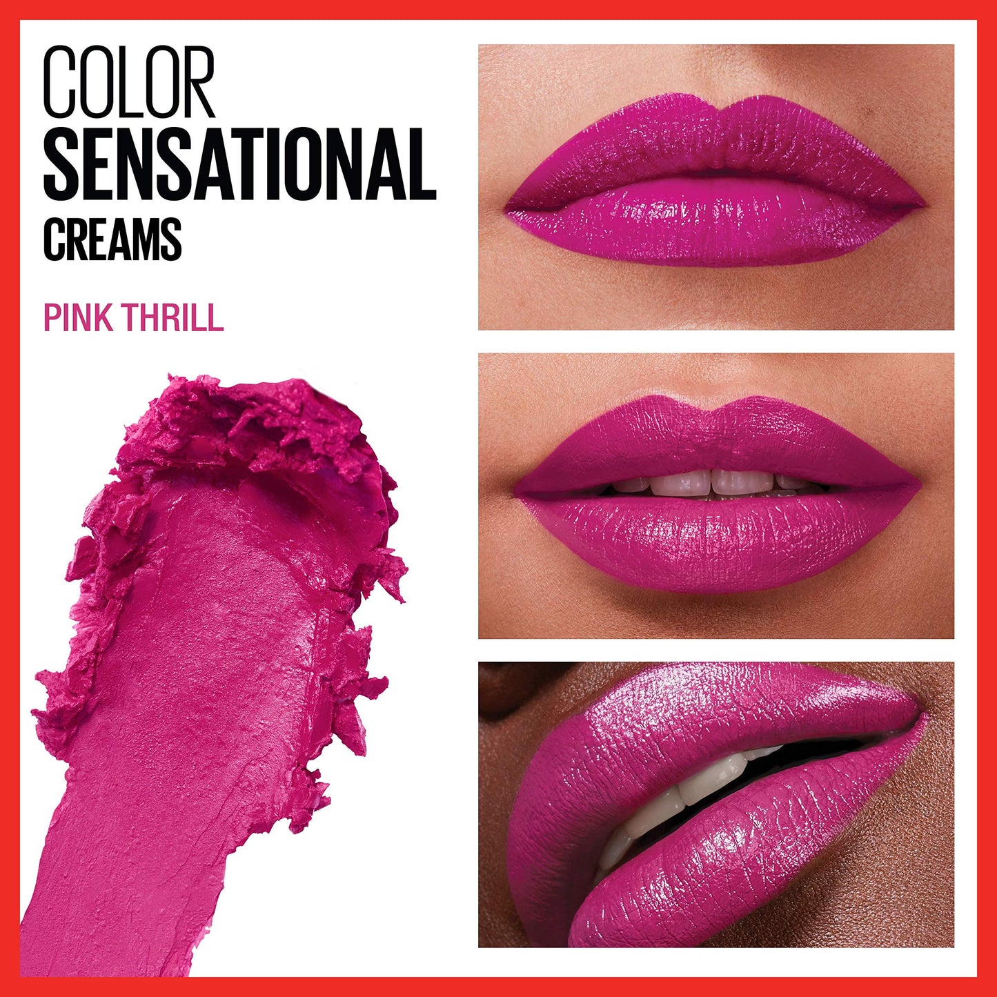 Maybelline Color Sensational Lipstick, Lip Makeup, Cream Finish, Hydrating Lipstick, Nude, Pink, Red, Plum Lip Color, Pink Thrill, 0.15 oz; (Packaging