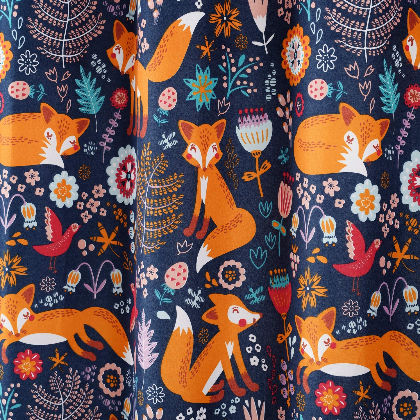 Lush Decor Pixie Fox Shower Curtain, 72" W x 72" L, Navy - Navy Shower Curtain - Fun Kids Floral & Animal Bathroom Decor