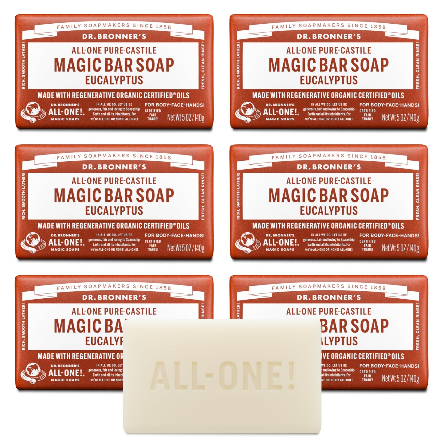Dr. Bronner's Pure-Castile Magic Soap Bars (Eucalyptus, 5 oz, 6-Pack)- Made with Regenerative Organic Certified Oils for Face, Body & Hair - Gentle