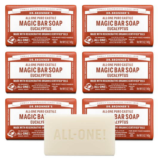 Dr. Bronner's Pure-Castile Magic Soap Bars (Eucalyptus, 5 oz, 6-Pack)- Made with Regenerative Organic Certified Oils for Face, Body & Hair - Gentle Beauty & Personal Care Dr. Bronner's