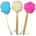 3 Pack Exfoliating Loofah luffa loofa Bath Back Brush On a Stick - Long Wooden Handle with Radian is Ergonomic for Men and Women - Shower Sponge Body