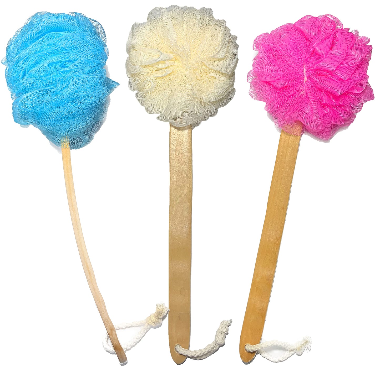 3 Pack Exfoliating Loofah luffa loofa Bath Back Brush On a Stick - Long Wooden Handle with Radian is Ergonomic for Men and Women - Shower Sponge Body