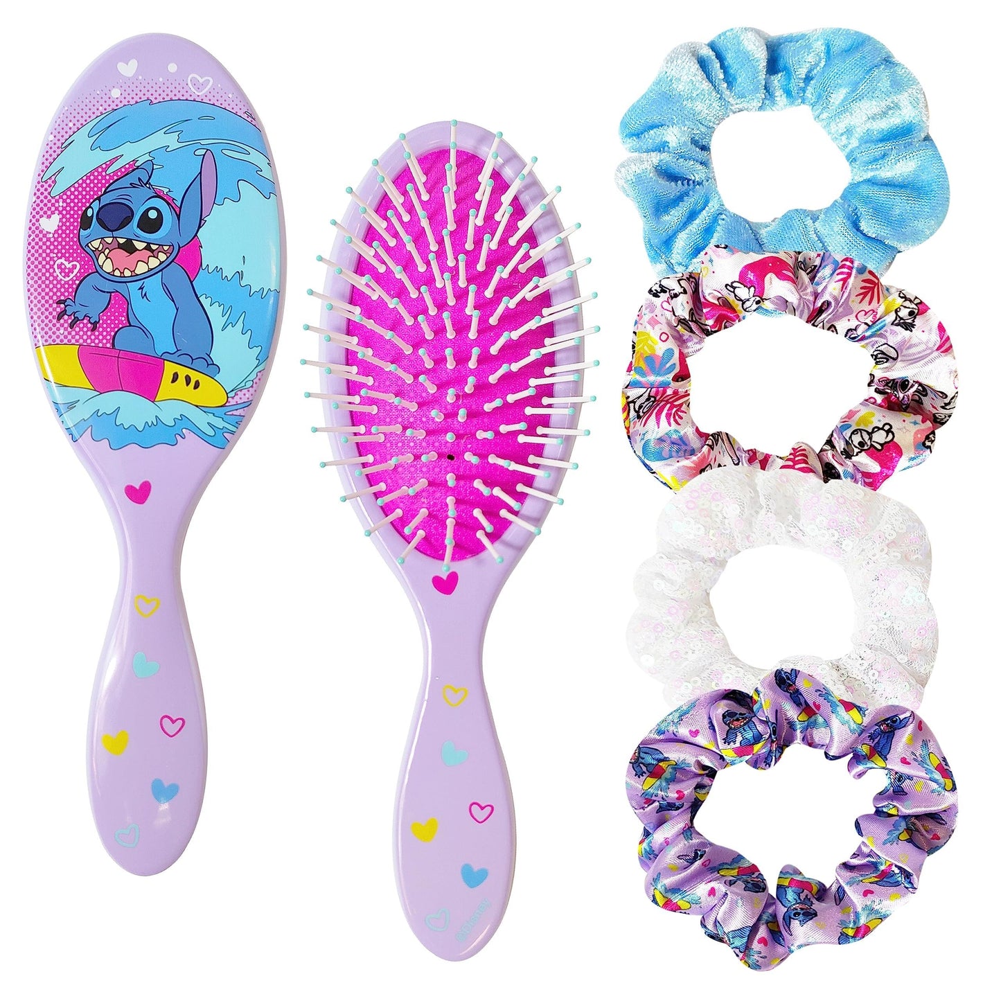 LUV HER Lilo & Stitch Hair Accessory 5 Pcs Set - 1 Regular 9 inch Stitch Hairbrush & 4 Scrunchies - Detangling Brush - Elastic Hair Ties Ropes Beauty and Personal Care LUV HER Default Title