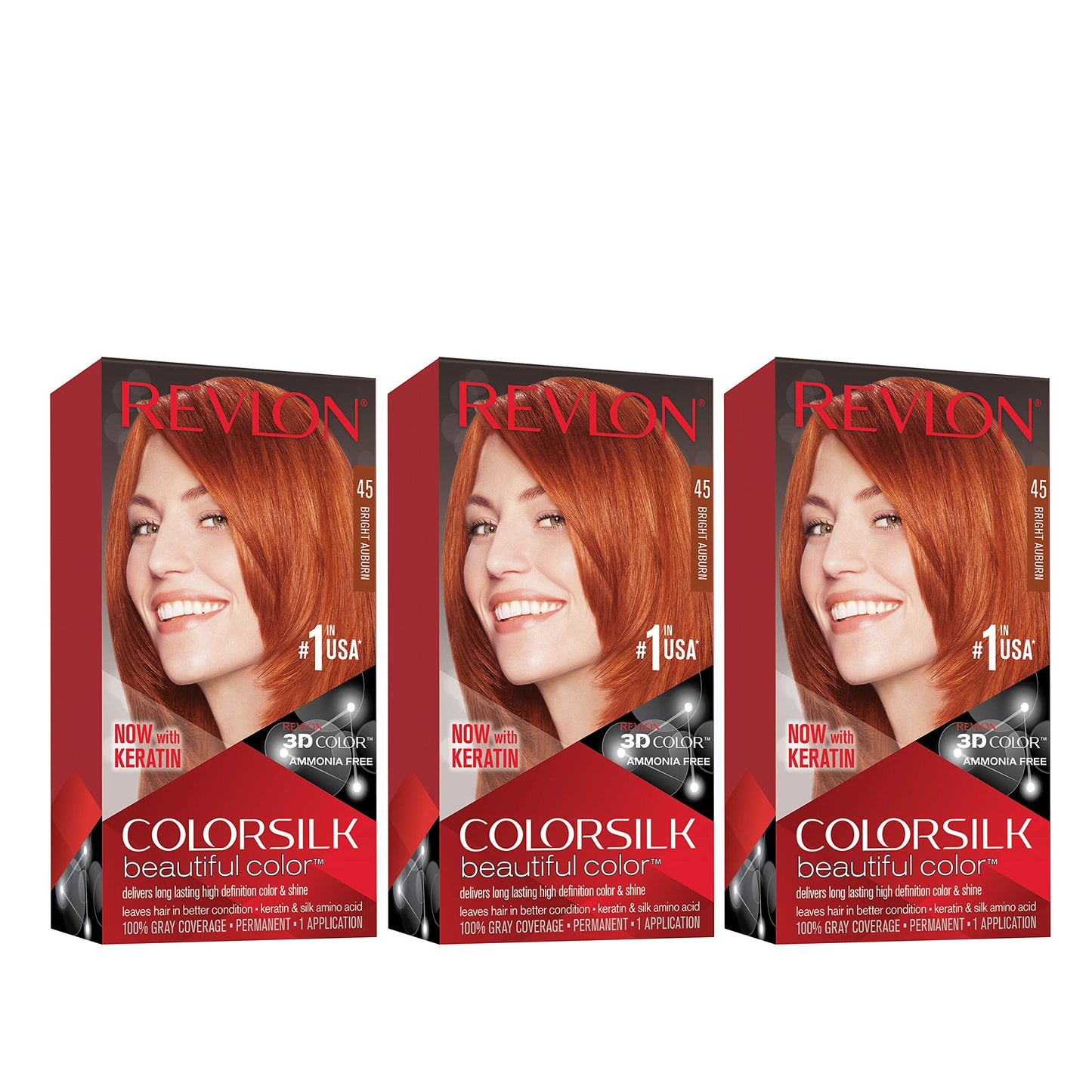 Revlon Permanent Hair Color, Permanent Hair Dye, Colorsilk with 100% Gray Coverage, Ammonia-Free, Keratin and Amino Acids, 45 Bright Auburn, 4.4 Oz