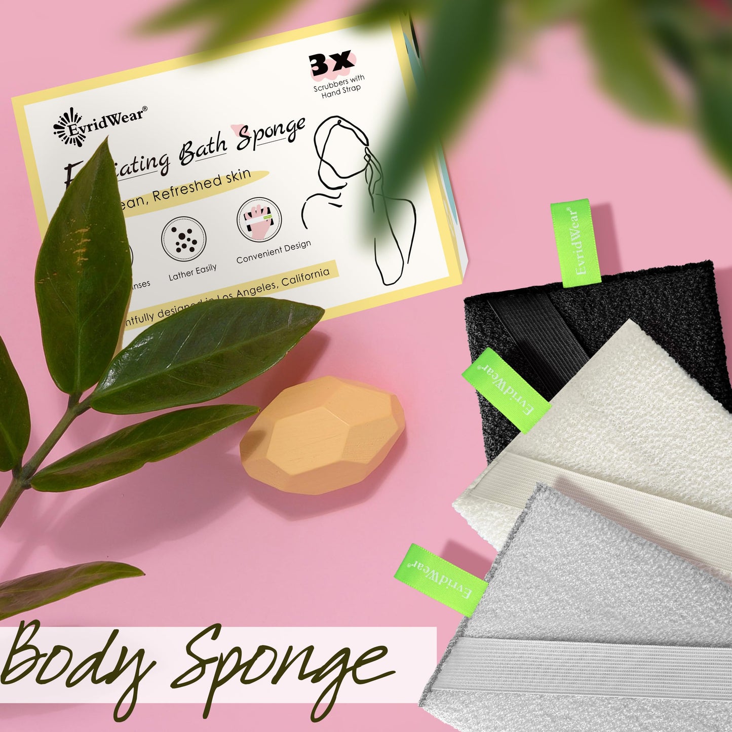 Evridwear Exfoliating Bath Sponge, Daily Skincare Body Scrubbers Loofah Shower Pads with Strap for Body Cleansing, Dead Skin Cell Remover, 3 Count