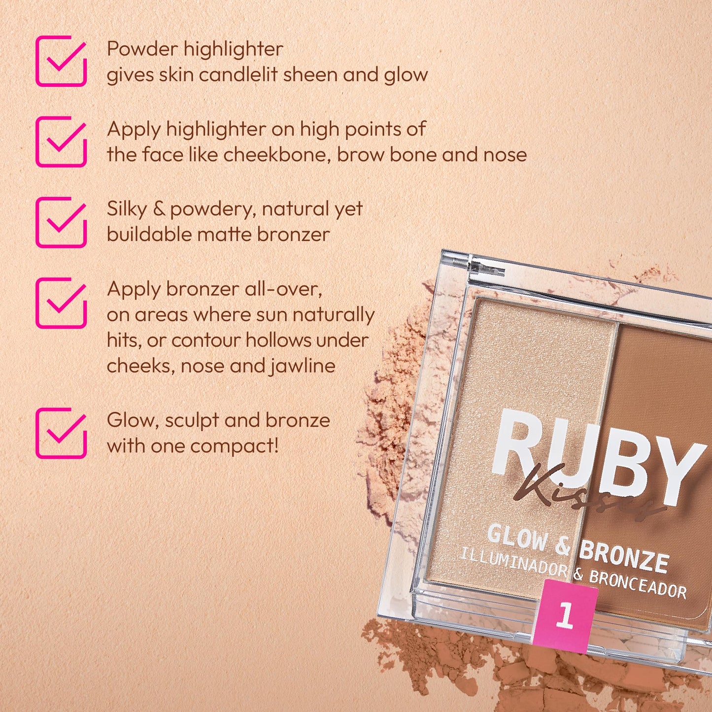 Ruby Kisses Glow & Bronze Highlighter/Bronzer Duo, 2 -in-1 Gel to Powder Illuminating Highlight + Silky Matte Bronzer, Contour & Sculpt for Luminous