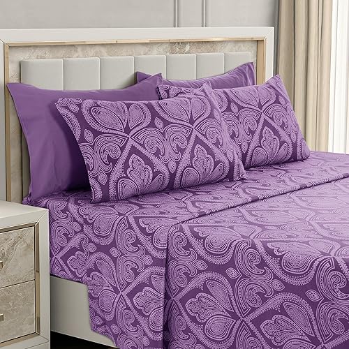 LUX Décor Paisley Full Sheet Set - 6 Piece Ultra-Soft Microfiber Bed Sheets with Flat Sheet, 16 Inches Deep Pocket Fitted Sheet & 4 Pillowcases,