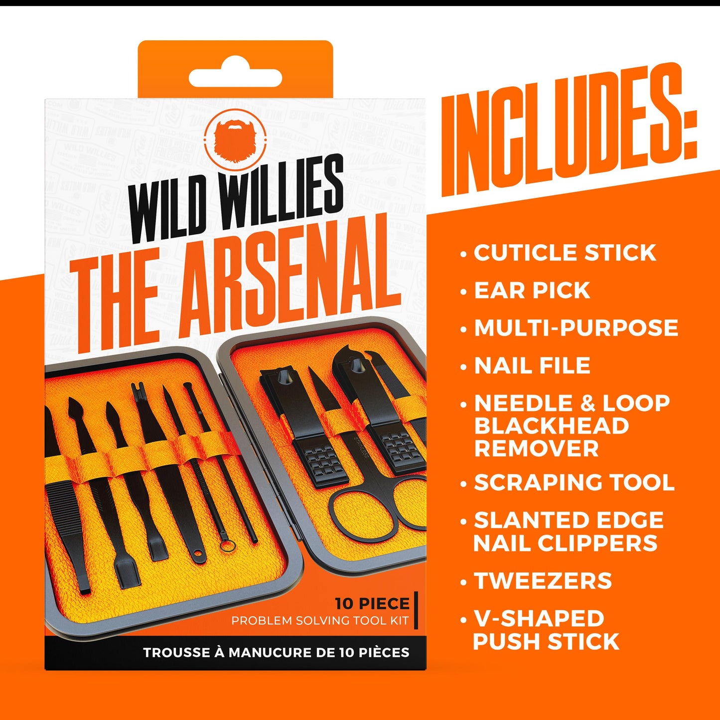 Wild Willies 10-Piece Pedicure & Manicure Kit for Men & Women - Includes Nail Clippers, Scissors, Tweezers, Files - Compact Travel Nail Grooming Kit