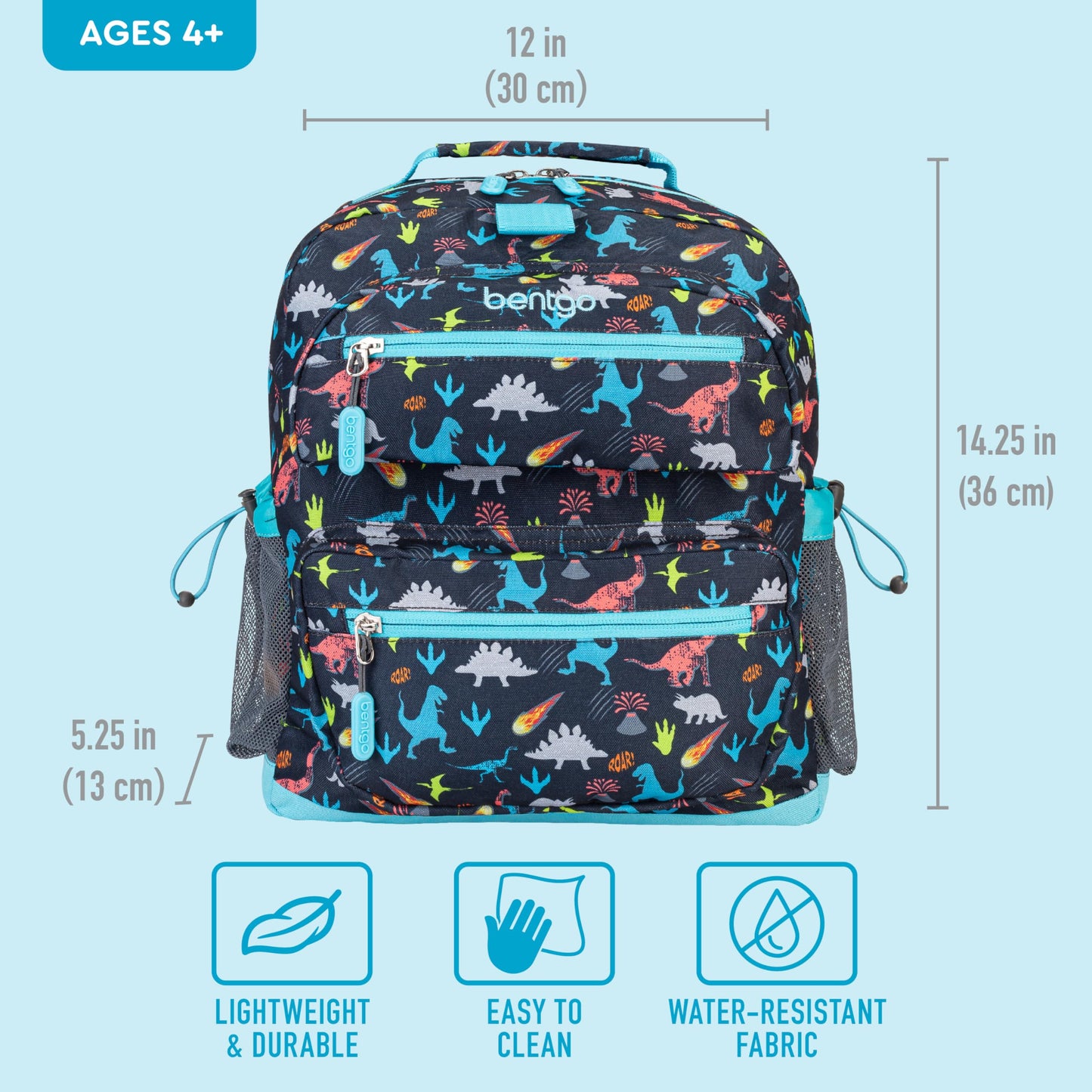 Bentgo Kids Backpack - Lightweight 14” Backpack in Fun Prints for School, Travel, & Daycare, Ideal for Ages 4+, Roomy Interior, Durable & Water-Resistant Fabric, & Loop for Lunch Bag (Dinosaur)