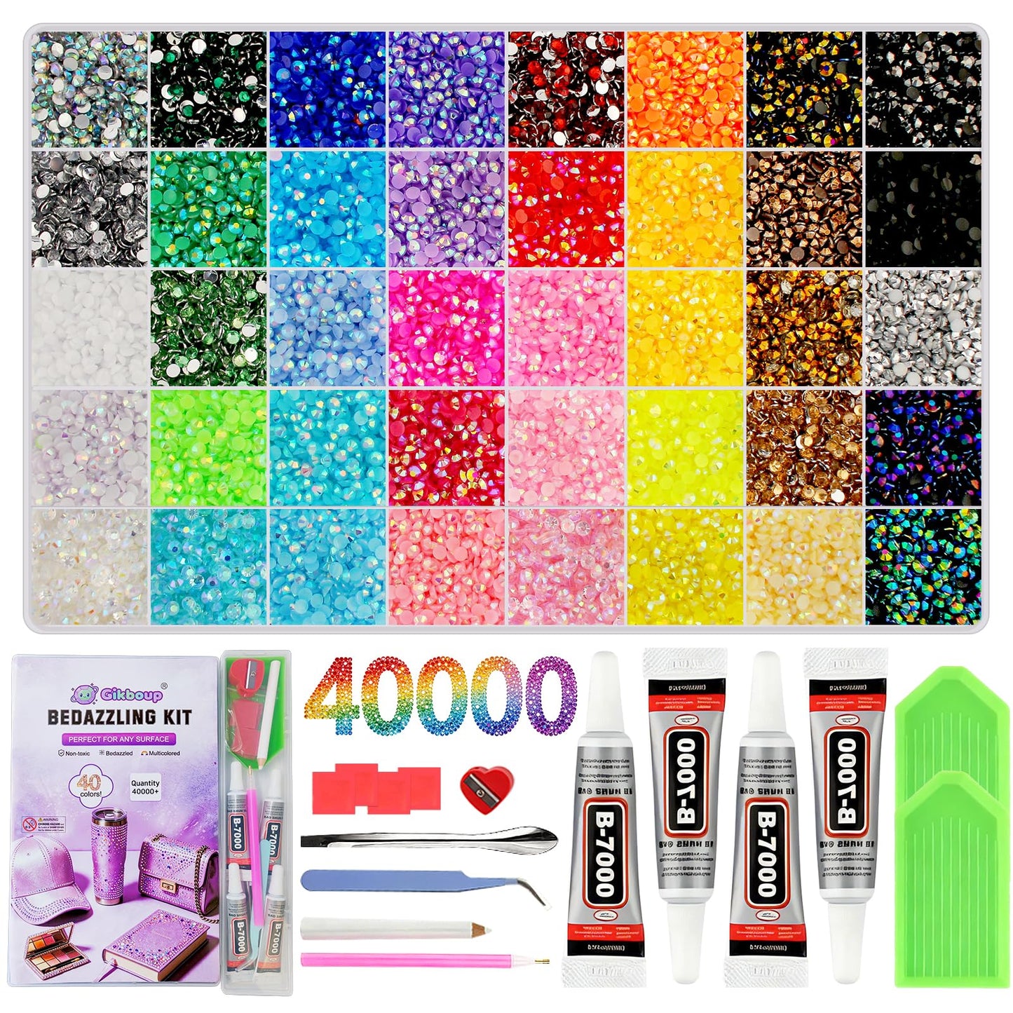 Gikboup 40000 Pcs 40 Colors Bedazzling Kit with Rhinestones,3mm Jelly AB Resin Flatback Gems with 4 B-7000 Glue, 40-Grid Storage Box, Tweezers, Trays Beauty and Personal Care Gikboup