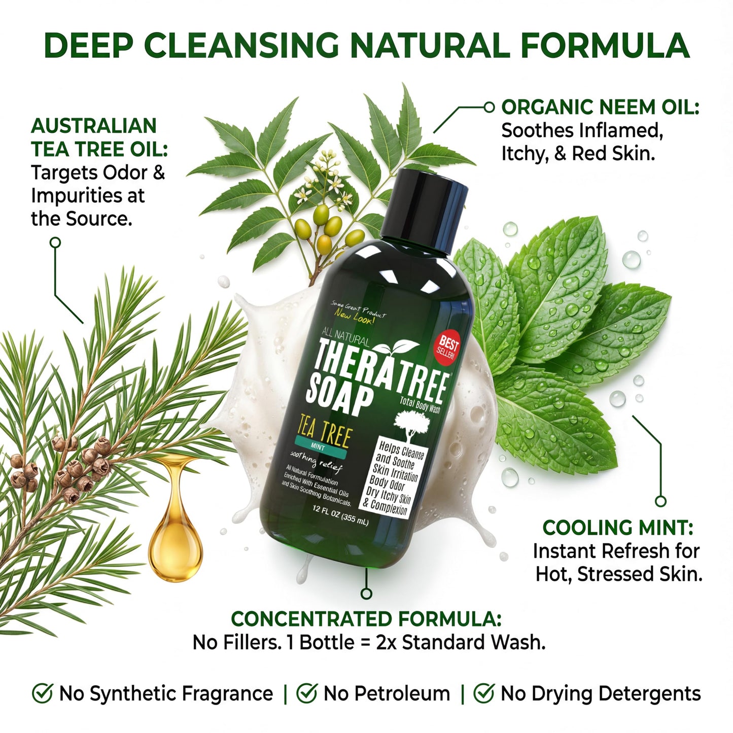 Oleavine TheraTree Tea Tree Oil Soap with Neem Oil - 12oz - Helps Skin Irritation, Body Odor, & Helps Restore Healthy Complexion for Body and Face