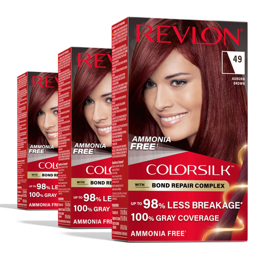 Revlon ColorSilk with Bond Repair Complex, Auburn Permanent Hair Color, 100% Gray Coverage, Ammonia Free Hair Dye, Vegan Keratin, 49 Auburn Brown