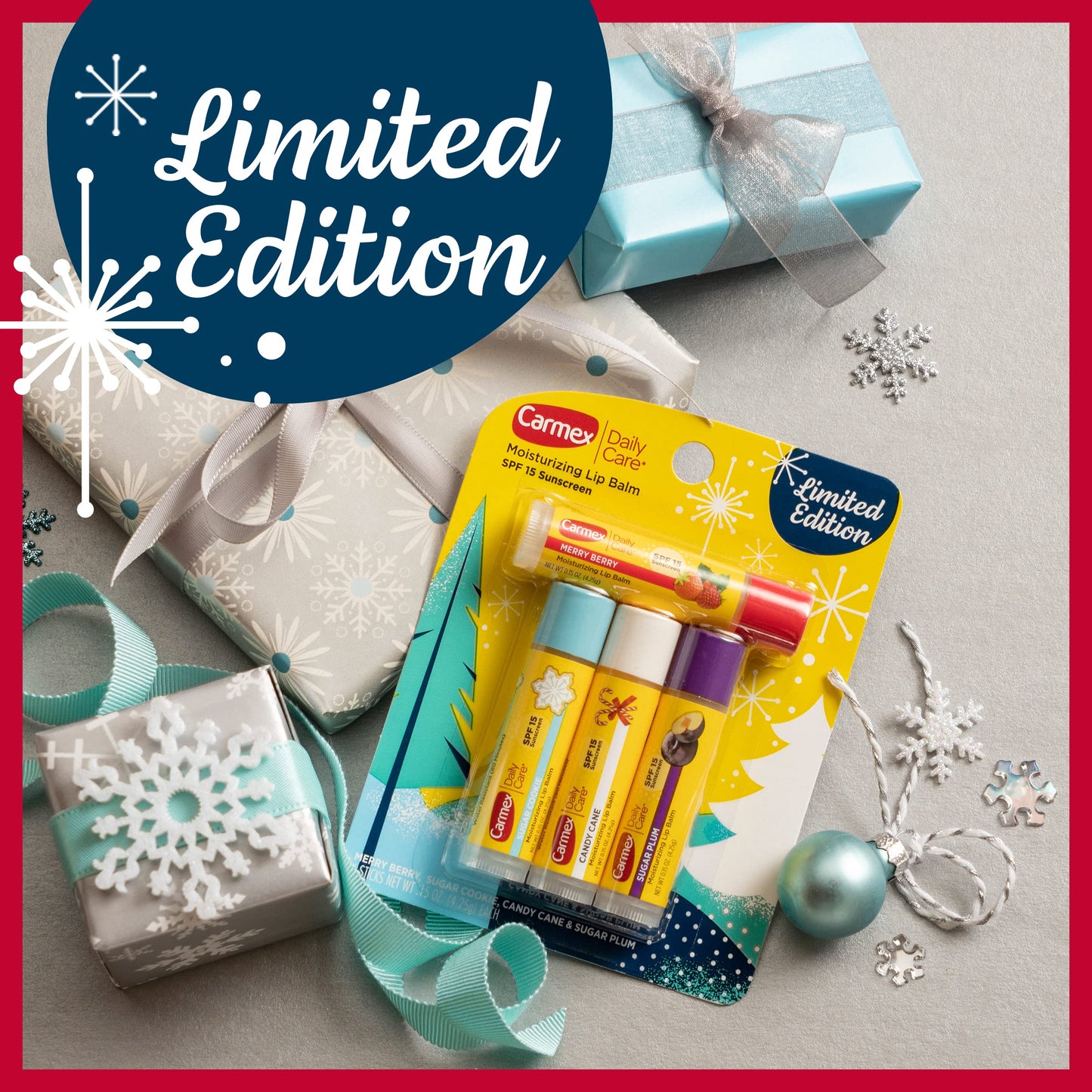 Carmex Daily Care Moisturizing Lip Balm Limited Edition Holiday Stick Pack in Sugar Plum, Candy Cane, Sugar Cookie and Merry Berry - 0.15 OZ each, 4