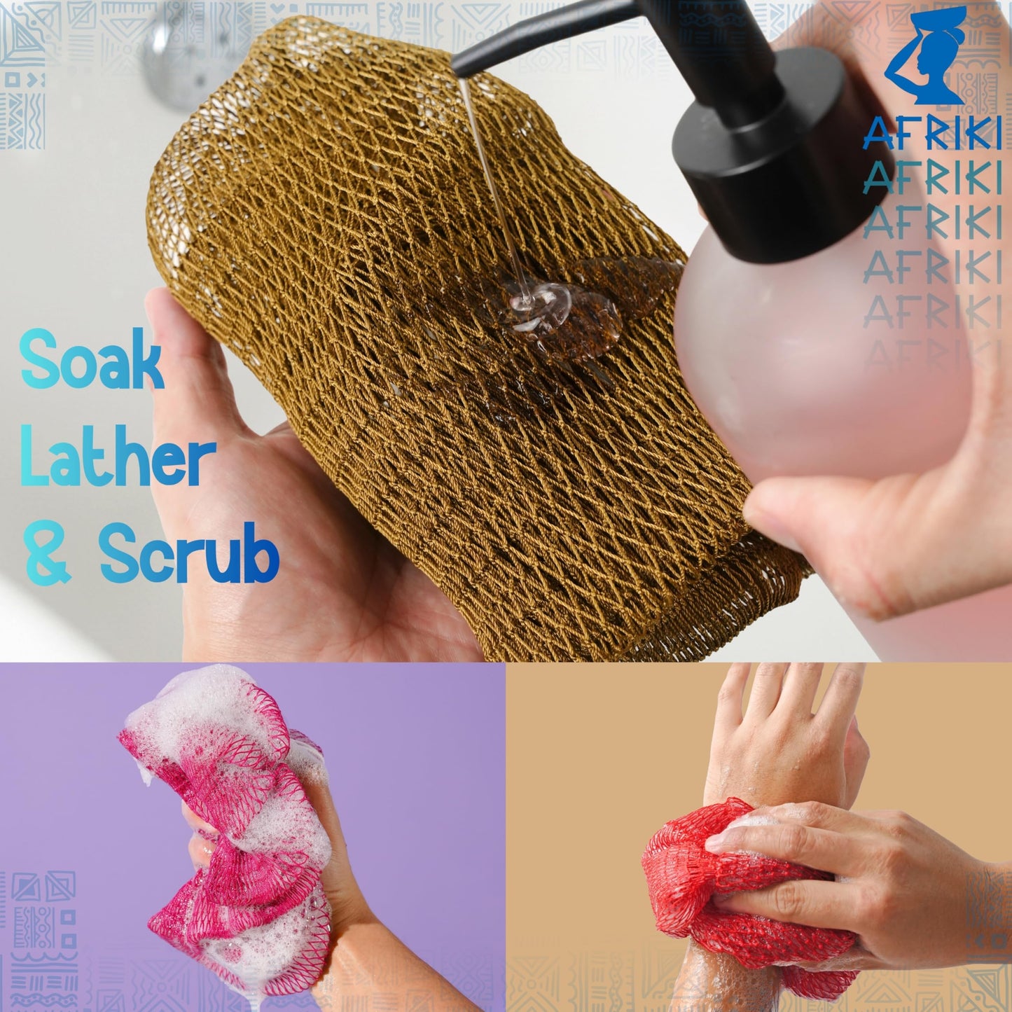 African Net Sponge, Premium Authentic Exfoliating Body Scrubber, Extra Long Stretch Bath Sponge for Shower, Deep Exfoliating Washcloth for Smooth Beauty and Personal Care AFRIKI