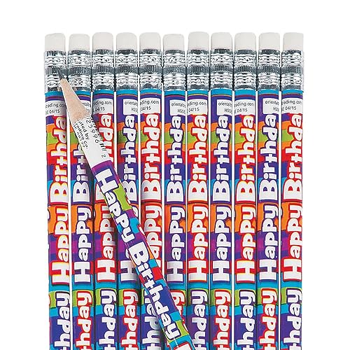 Fun Express Happy Birthday Pencils - Bulk set of 24 for Teachers and Students - Classroom Supplies, Rewards, Handouts and Party Favors