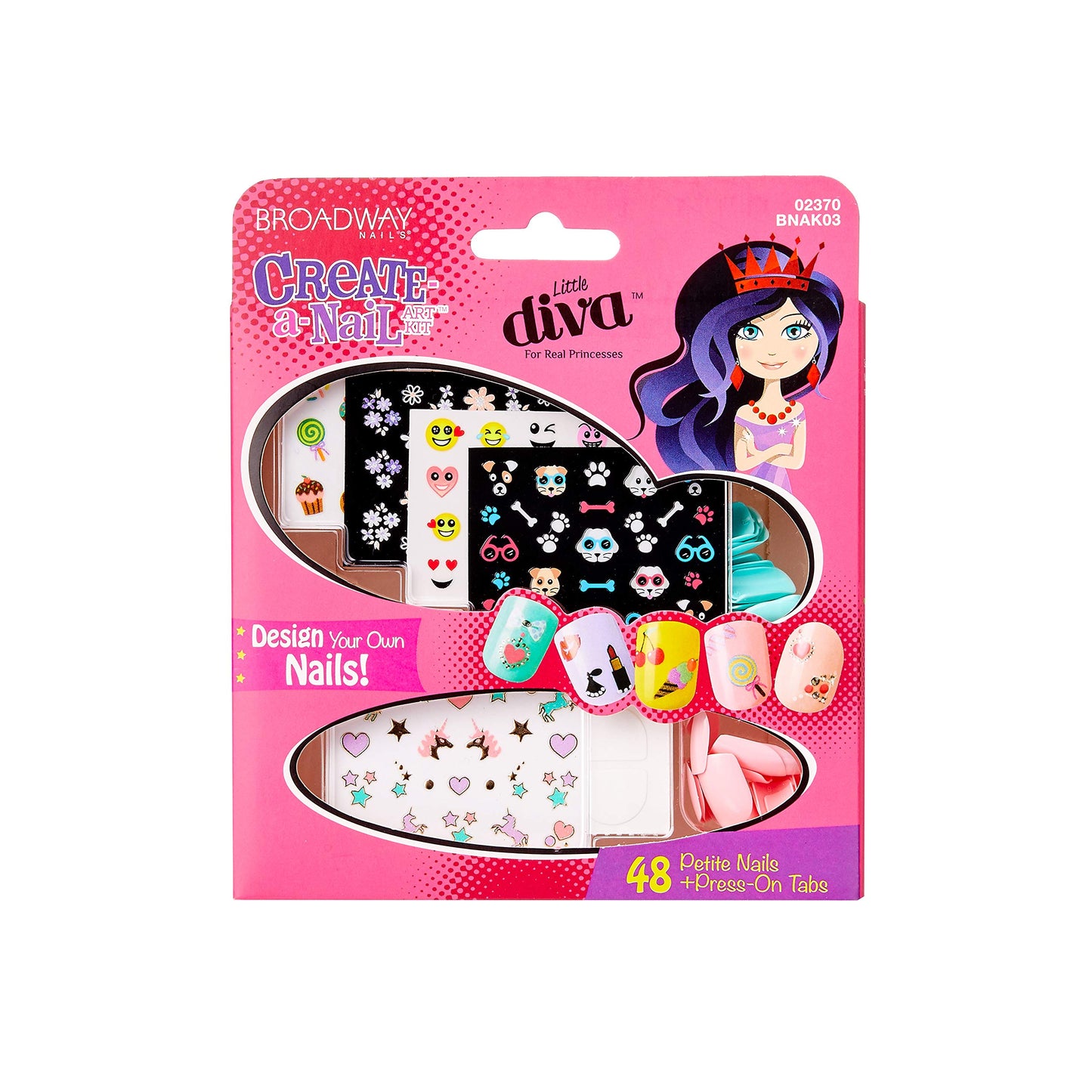 KISS Broadway Little Diva Nail Art Kit, Safe On Natural Nails, Mom Approved, Over 250 Nail Stickers, 48 Ready-To-Wear Petite Fake Nails & 48 Press-On