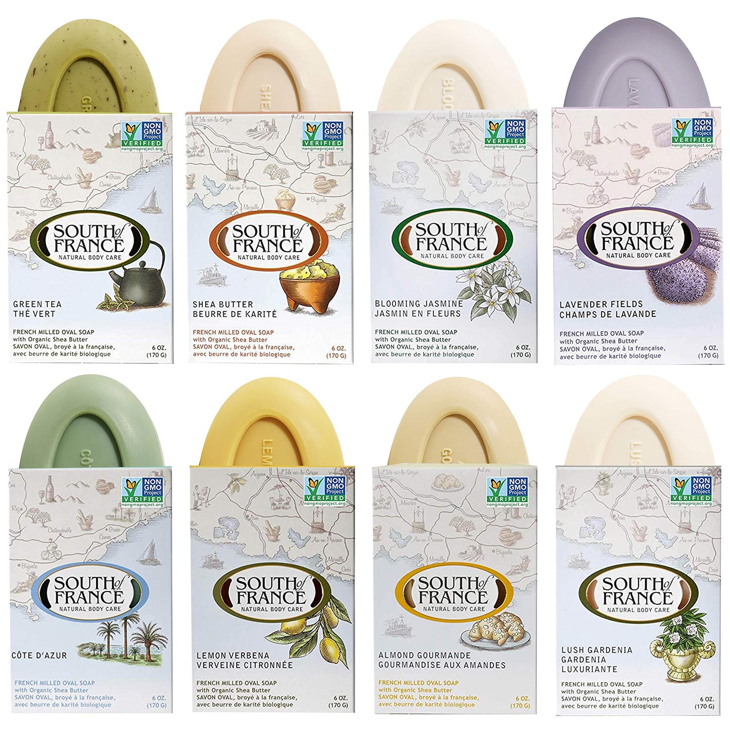 South Of France Natural Body Care Triple Milled Large 6OZ Bar Soap (Variety Pack 1, 8 Bars)