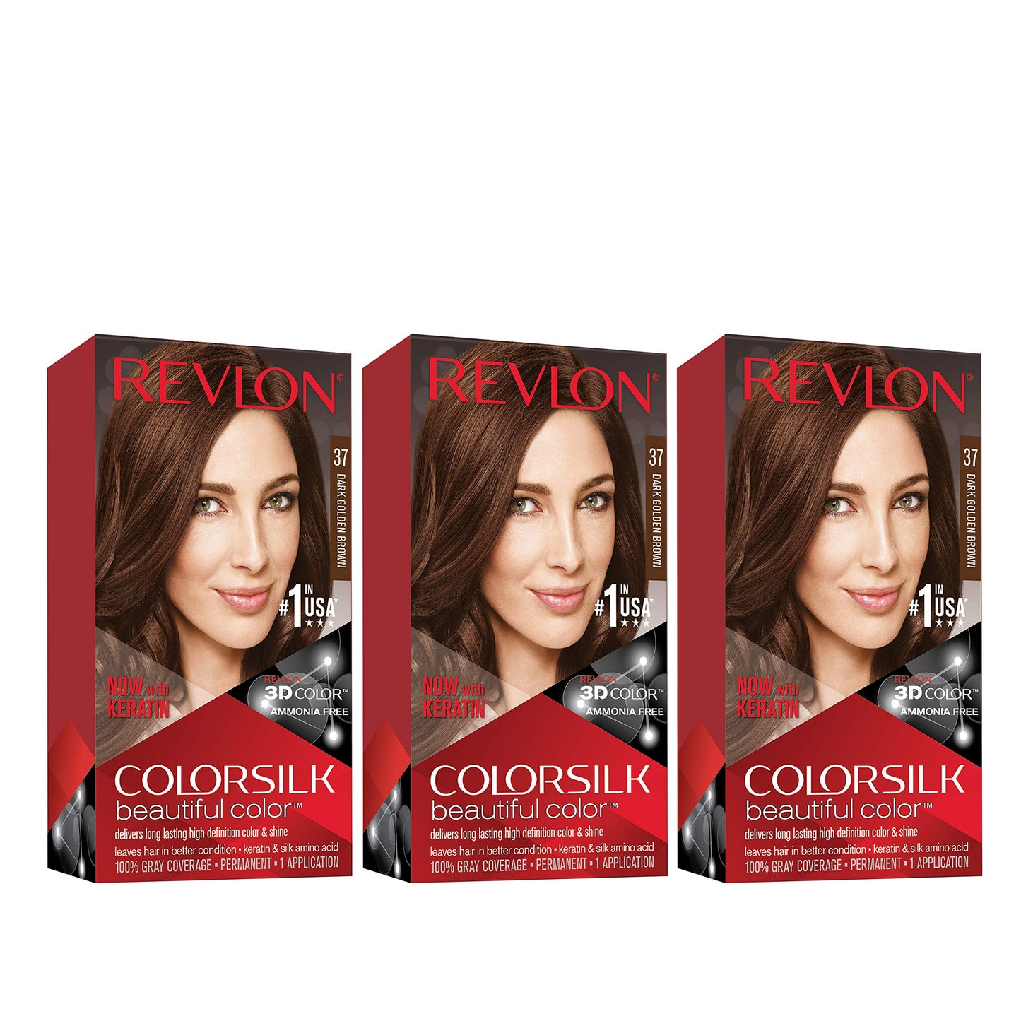 Revlon Permanent Hair Color, Permanent Hair Dye, Colorsilk with 100% Gray Coverage, Ammonia-Free, Keratin and Amino Acids, 37 Dark Golden Brown, 4.4