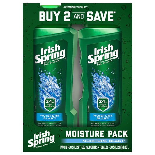 Irish Spring Moisturizing Men's Body Wash Shower Gel, Moisture Blast - 18 Fluid Ounce (2 Pack)