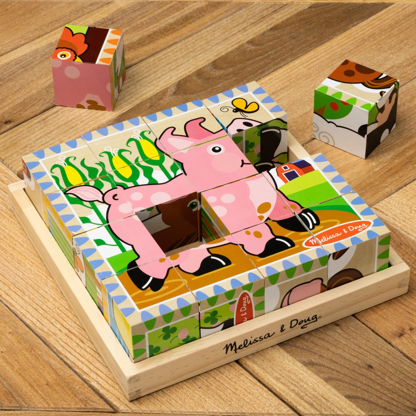 Melissa & Doug Farm Wooden Cube Puzzle – 6-in-1 Animal Puzzle with 16 Cubes & Storage Tray, Educational Farm Toy for Toddlers Ages 3+, FSC Certified
