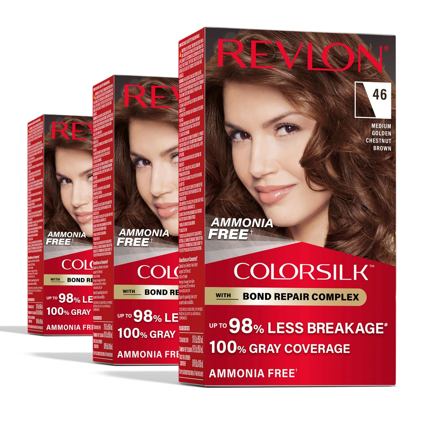 Revlon ColorSilk with Bond Repair Complex, Brown Permanent Hair Color, 100% Gray Coverage, Ammonia Free Hair Dye, Vegan Keratin, 46 Medium Golden