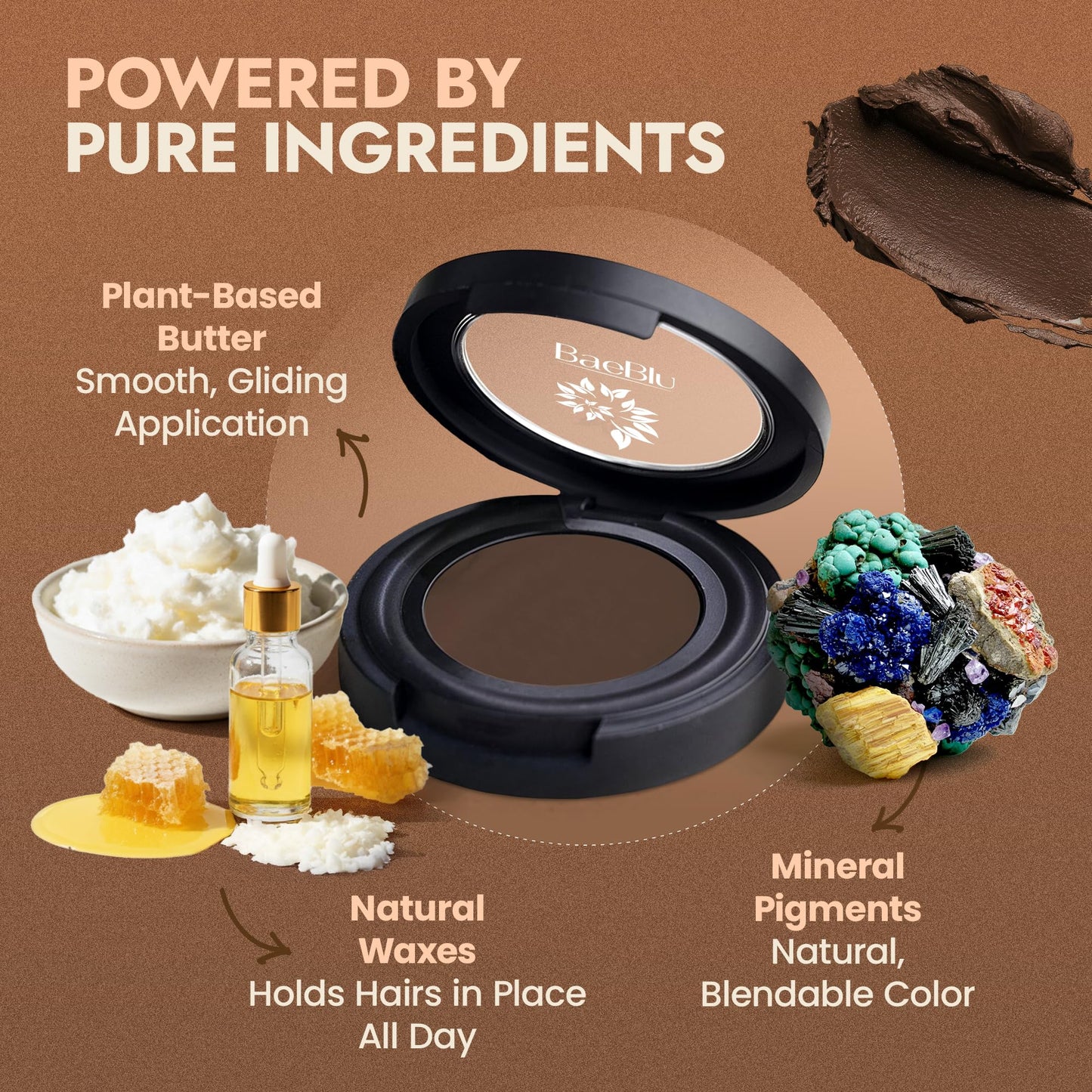 Organic Tinted Eyebrow Pomade, Medium - Water & Smudge-Proof Sculpting Eyebrow Wax for Shaping, Defining & Filling - Long-Lasting 18-Hour Hold