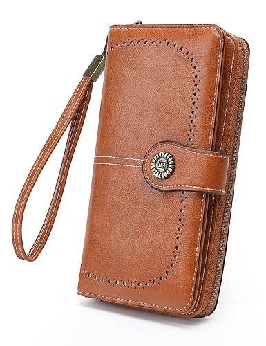 JJUQ Womens Wallet Leather Large Capacity Card Holder Zipper Wristlet Wallets for Women-brown