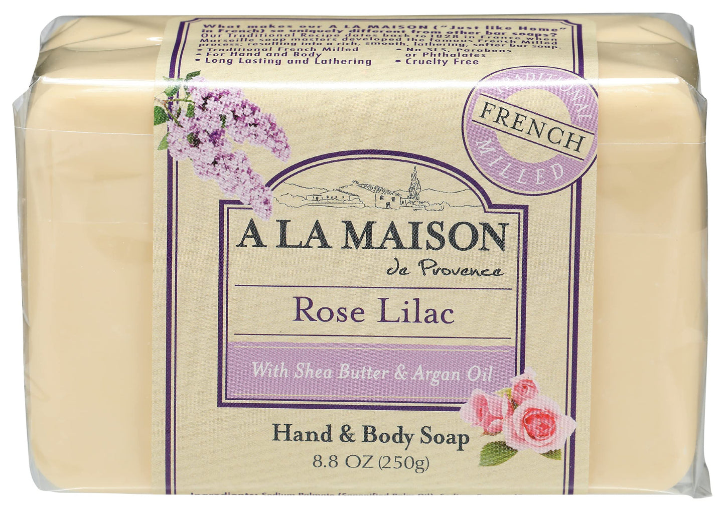 A LA MAISON Rose Lilac Bar Soap - Triple French Milled Natural Moisturizing Hand Soap Bar (1 Bar of Soap, 8.8 oz)