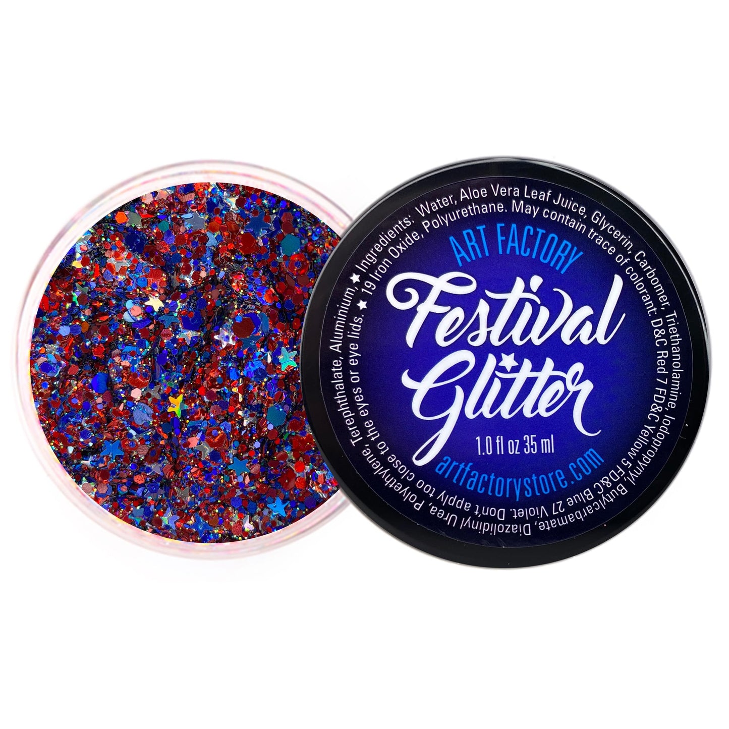 Art Factory Fireworks Body Glitter Gel - Red White and Blue Holographic Cosmetic Glitter for Face, Hair & Body - Patriotic Festival Rave Makeup, Long