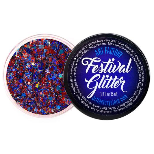 Art Factory Fireworks Body Glitter Gel - Red White and Blue Holographic Cosmetic Glitter for Face, Hair & Body - Patriotic Festival Rave Makeup, Long