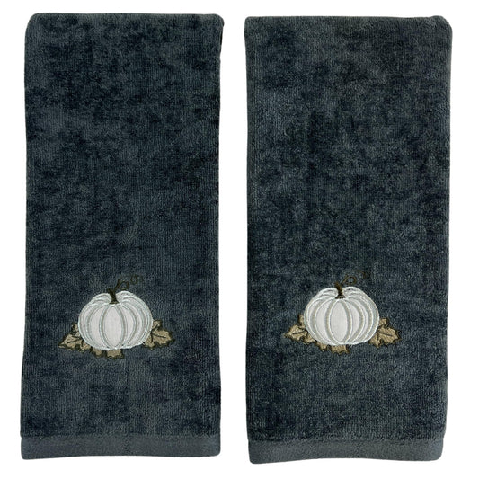 Serafina Home Autumn Fall Bath Hand Towels Bathroom Decor Farmhouse Harvest: Plush Soft Gray Grey 100% Cotton Terry Velour Appliqué and Embroidered…