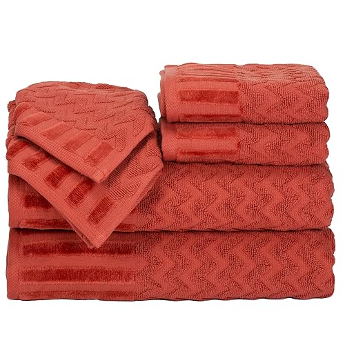 Lavish Home 6-Piece Cotton Deluxe Plush Bath Towel Set - Chevron Patterned Plush Sculpted Spa Luxury Decorative Body, Hand and Face Towels (Brick)…