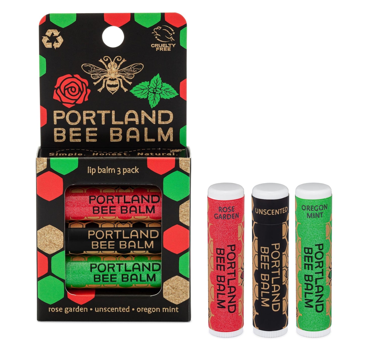 Portland Bee Balm All Natural Handmade Beeswax Based Lip Balm Unscented, Oregon Mint and Rose Assortment 3 Count