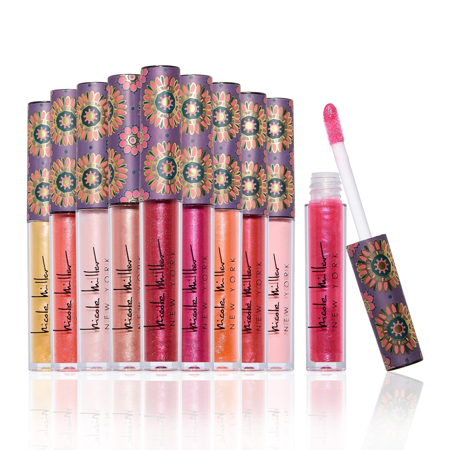 Nicole Miller Lip Gloss Collection Shimmery Glosses for Women and Girls Long Lasting Color Set with Rich Varied Colors, Pink Shimmer, 10 Count (Pack