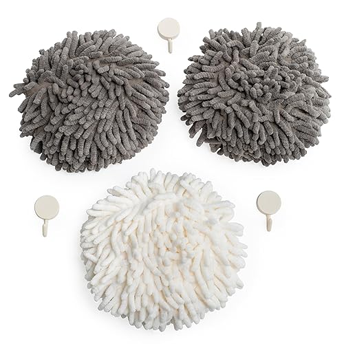 JJ KENT Fluffy Puffins Microfiber Hand Towels - Set of 3 Fluffy Hand Towels with Wall Hook Attachment - Quick and Easy Hand Drying Puffs