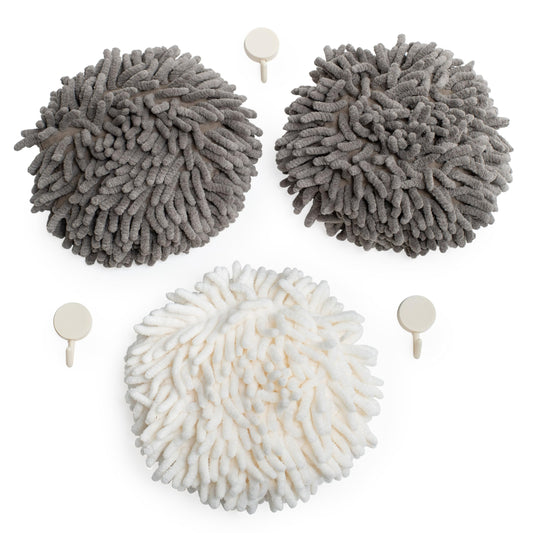 JJ KENT Fluffy Puffins Microfiber Hand Towels - Set of 3 Fluffy Hand Towels with Wall Hook Attachment - Quick and Easy Hand Drying Puffs
