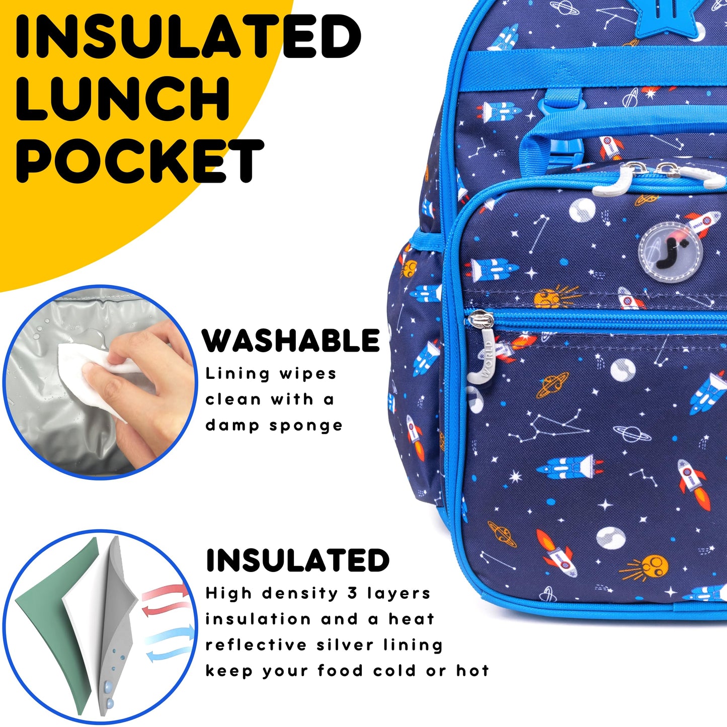 J World Duet Kids Backpack & Lunch Box Set For Boys & Girls Pre-K to Elementary School, Spaceship