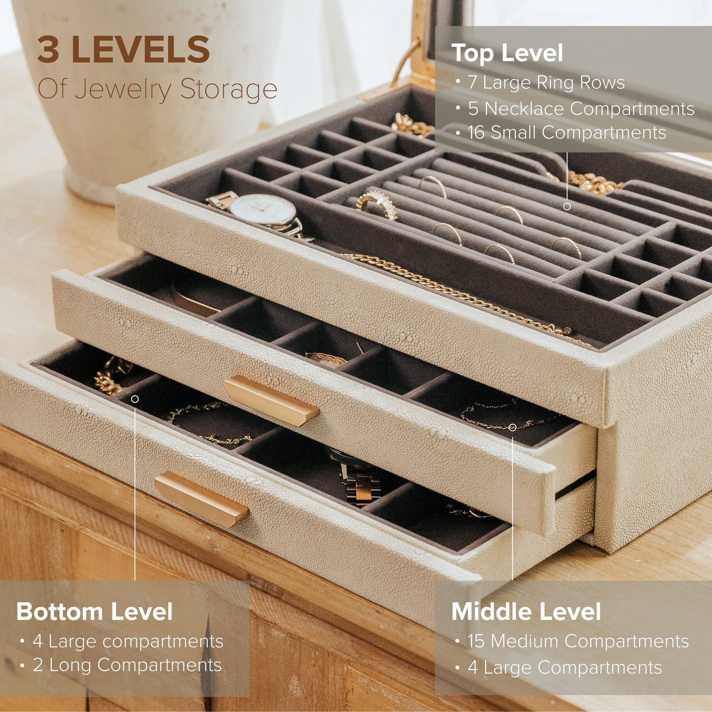 CASE ELEGANCE Large 3 Tier Jewelry Box, Storage Case Organizer for Women Girls Wife, Glass Lid for Earrings Bracelets Rings Necklaces, Shagreen Vegan…