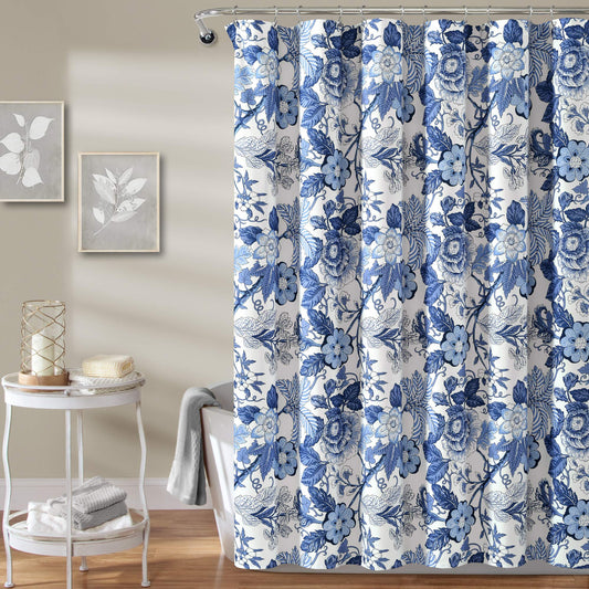 Lush Decor Sydney Floral Shower Curtain, 72" W x 72" L, Navy & White - Fabric Shower Curtains - Cottage Core Decor - Colorful Floral Print - Cute…