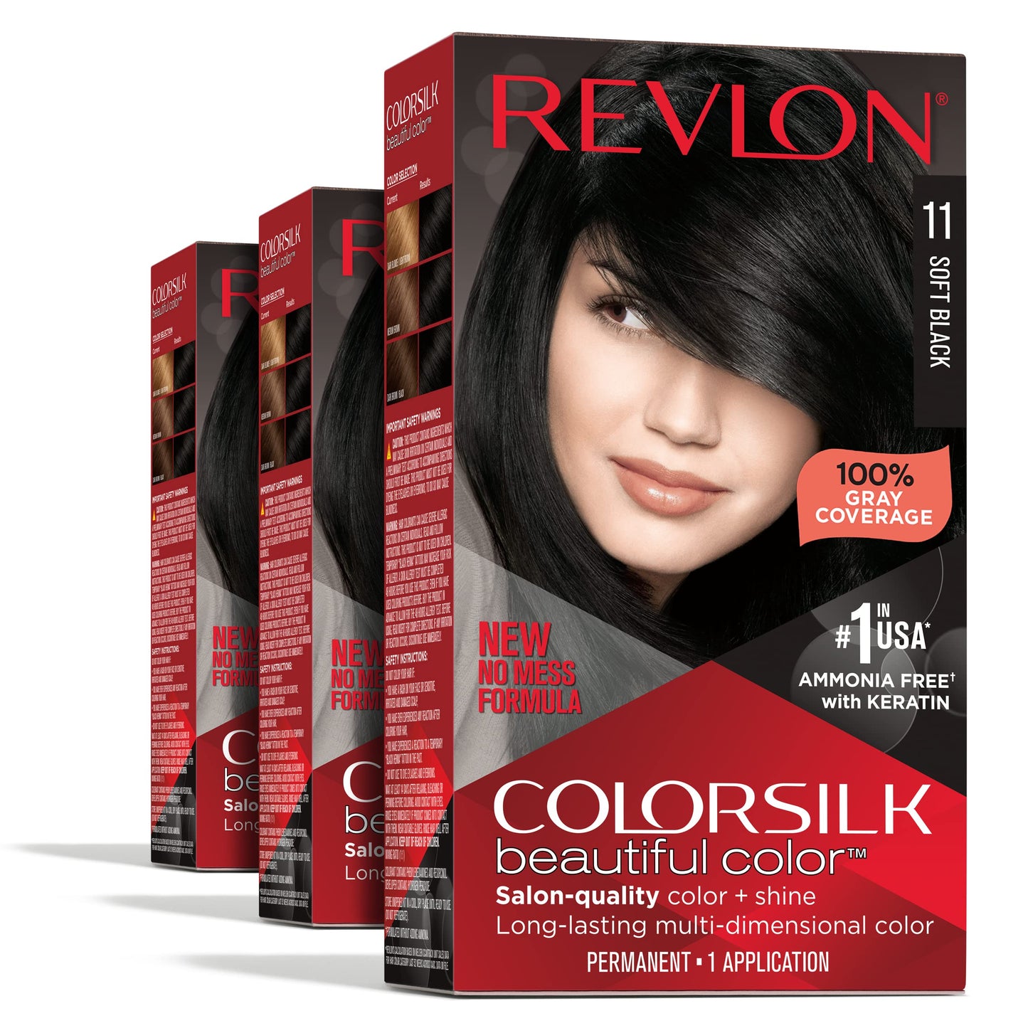 Revlon Permanent Hair Color, Permanent Hair Dye, Colorsilk with 100% Gray Coverage, Ammonia-Free, Keratin and Amino Acids, 11 Soft Black, 4.4 Oz (Pack