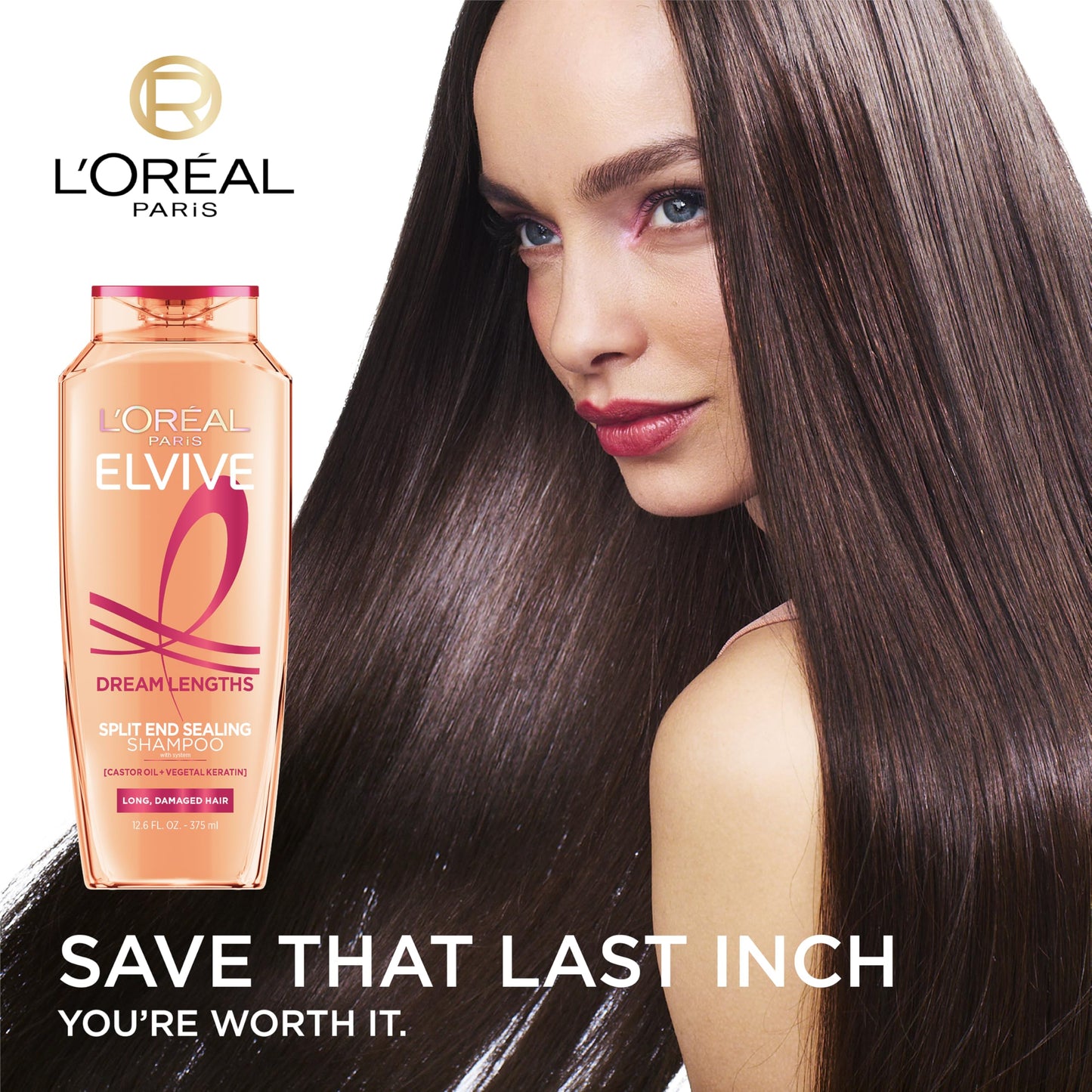 L'Oreal Paris Elvive Dream Lengths Restoring Shampoo with Fine Castor Oil and Vitamins B3 and B5 for Long, Damaged Hair, Visibly Repairs Damage