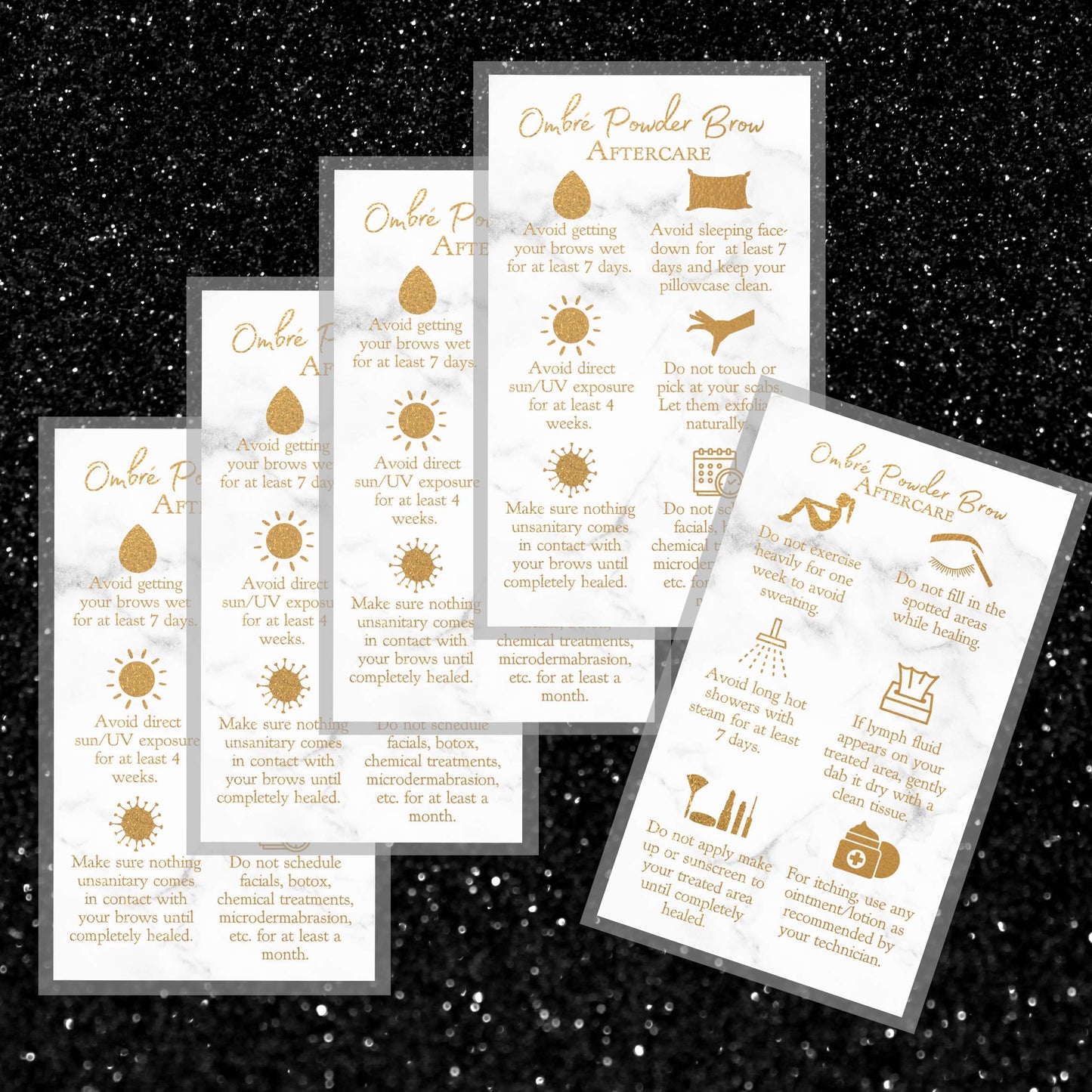 Ombre Powder Brow Aftercare Instructions Cards | 50 Pack | Double Sided Size 2x3.5" inches Business Card | Marble Look and Gold Design