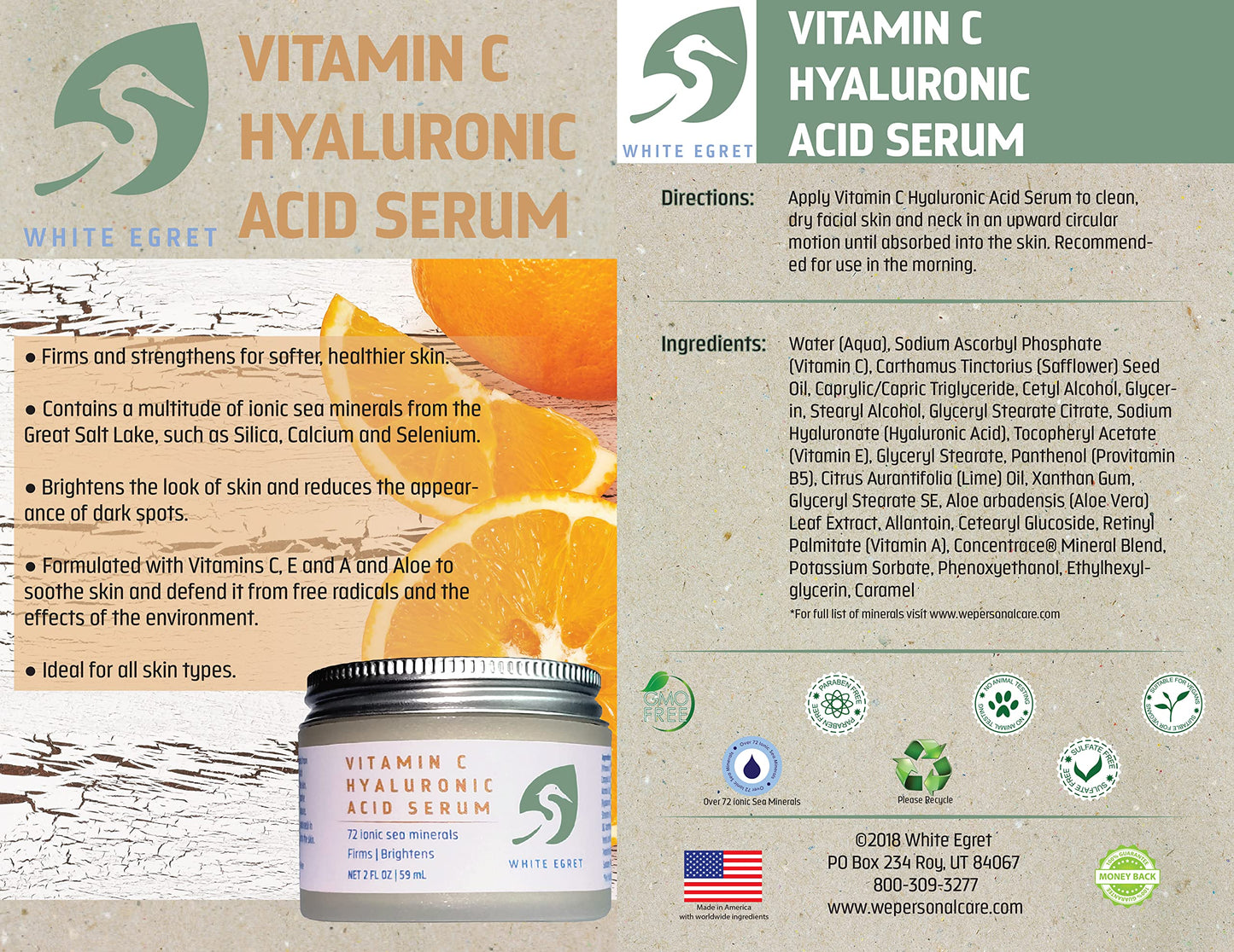 White Egret Hyaluronic Acid with Vitamin C, 72 Ionic Minerals from The Great Salt Lake for Firming, and brightening Skin, 8 fl. Oz