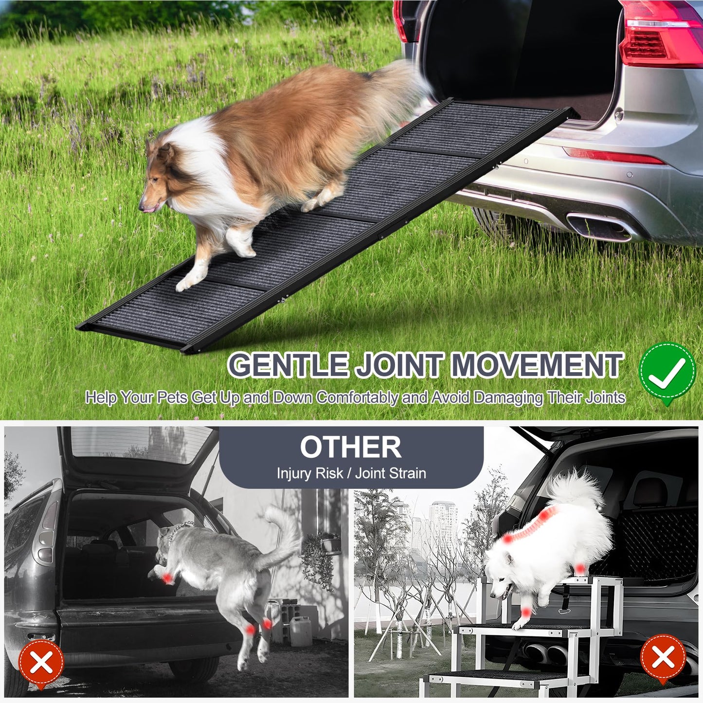 HerCcreta Wigge 63" Portable Dog Ramp – Non-Slip Rug Surface, Folding Car Ramp for Large Dogs, SUVs, Trucks – Supports up to 250 lbs