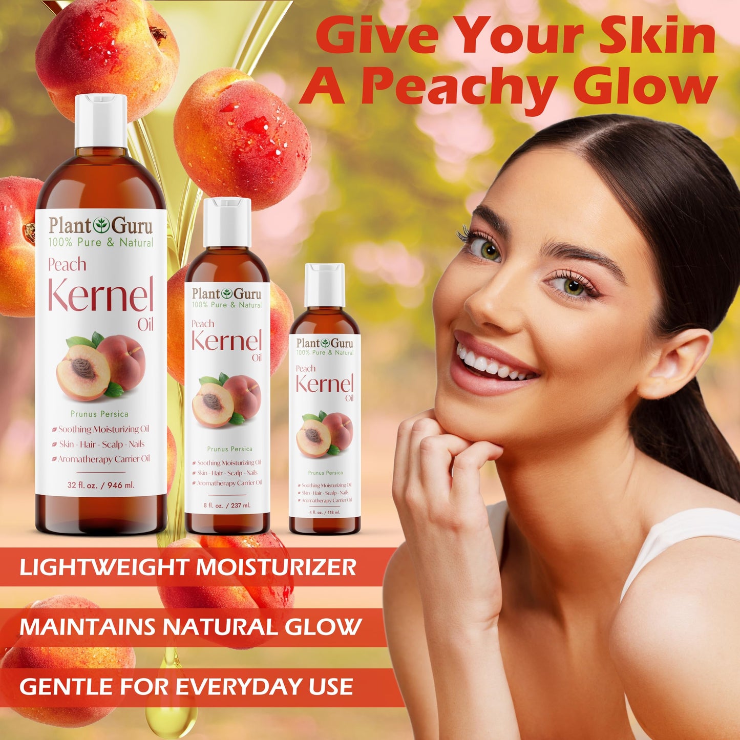 Plant Guru Peach Kernel Oil 8 fl. oz. Cold Pressed 100% Pure & Natural Carrier - Ideal for Skin, Face, Body, and Hair Moisturizer. Great for DIY Beauty & Personal Care Plant Guru