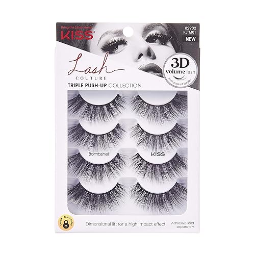 KISS Triple Push-Up, False Eyelashes, 'Bombshell', 14mm, Includes 4 Pairs Of Lashes, Easy to Apply, Reusable Lash Clusters