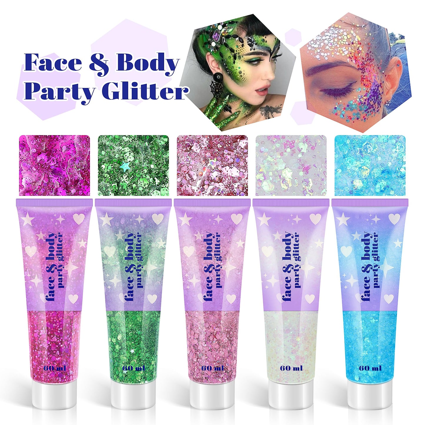 Body Glitter Gel, 2 Jars Face Glitter Gel Sequins Shimmer for Hair, Lip, Eyeshadow, Nails, Chunky and Powder Mixed Glitter Gel, Holographic Cosmetic